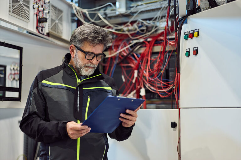 Elettricista durante sopralluogo tecnico su impianto elettrico